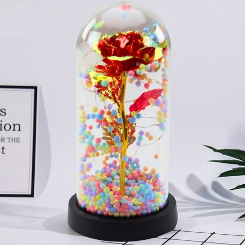 Wieczna Róża W Kopule Kryształowa Oświetlenie LED Kuleczki Czerwona 21x11cm