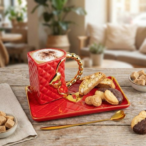 Kubek czerwona torebka - elegancki zestaw do kawy, do herbaty - prezent