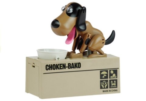 SKARBONKA PIES ZJADAJĄCY MONETY CIEMNY BRĄZ ŁATKI