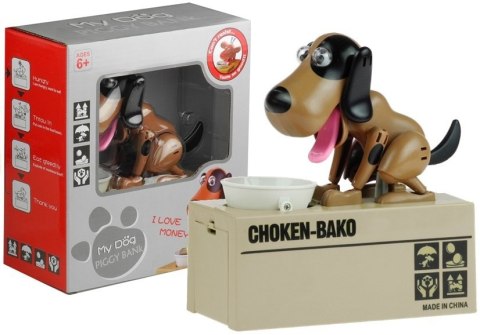 SKARBONKA PIES ZJADAJĄCY MONETY CIEMNY BRĄZ ŁATKI