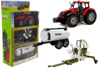 TRAKTOR Z PRZYCZEPKĄ, ZGRABIARKĄ I CYSTERNĄ CZERWONY