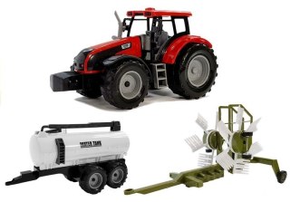 TRAKTOR Z PRZYCZEPKĄ, ZGRABIARKĄ I CYSTERNĄ CZERWONY