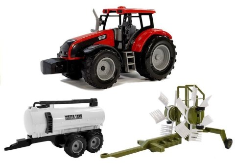 TRAKTOR Z PRZYCZEPKĄ, ZGRABIARKĄ I CYSTERNĄ CZERWONY