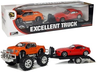 ZESTAW POJAZDÓW POMARAŃCZOWY MONSTER TRUCK CZERWONE BMW LAWETA 58 CM