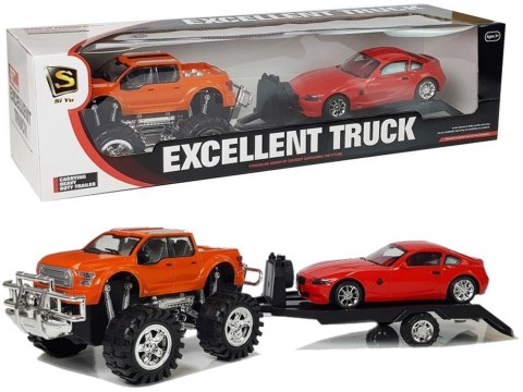 ZESTAW POJAZDÓW POMARAŃCZOWY MONSTER TRUCK CZERWONE BMW LAWETA 58 CM