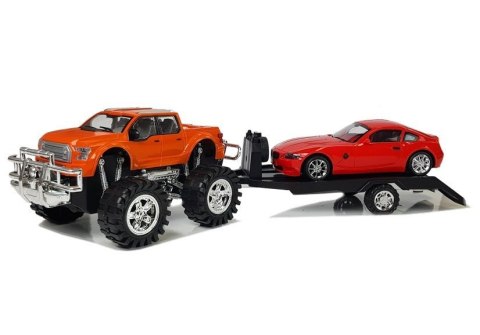 ZESTAW POJAZDÓW POMARAŃCZOWY MONSTER TRUCK CZERWONE BMW LAWETA 58 CM