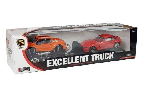 ZESTAW POJAZDÓW POMARAŃCZOWY MONSTER TRUCK CZERWONE BMW LAWETA 58 CM