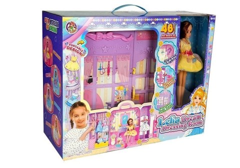 GARDEROBA ZE ŚWIATŁEM I LUSTREM LALKA 26 CM ZESTAW UBRAŃ AKCESORIA