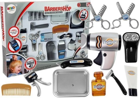 ZESTAW SALON FRYZJERSKI DZIECIĘCY BARBER SUSZARKA MASZYNKA AKCESORIA SREBRNY