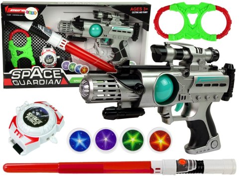 ZESTAW WOJOWNIKA KOSMOSU PISTOLET LASEROWY MIECZ ŚWIETLNY KAJDANKI MIOTACZ DYSKÓW