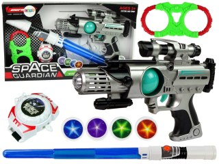 ZESTAW WOJOWNIKA KOSMOSU PISTOLET LASEROWY MIECZ ŚWIETLNY KAJDANKI MIOTACZ DYSKÓW