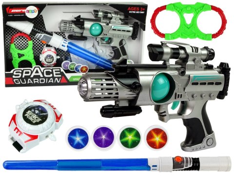 ZESTAW WOJOWNIKA KOSMOSU PISTOLET LASEROWY MIECZ ŚWIETLNY KAJDANKI MIOTACZ DYSKÓW