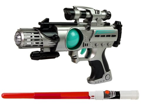 ZESTAW WOJOWNIKA KOSMOSU PISTOLET LASEROWY MIECZ ŚWIETLNY KAJDANKI MIOTACZ DYSKÓW