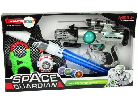 ZESTAW WOJOWNIKA KOSMOSU PISTOLET LASEROWY MIECZ ŚWIETLNY KAJDANKI MIOTACZ DYSKÓW