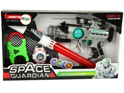 ZESTAW WOJOWNIKA KOSMOSU PISTOLET LASEROWY MIECZ ŚWIETLNY KAJDANKI MIOTACZ DYSKÓW