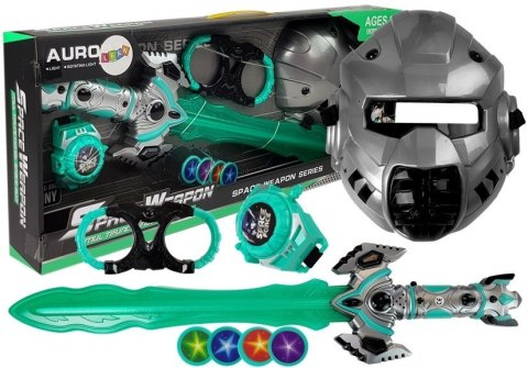 ZESTAW ZABAWEK KOSMICZNYCH MIECZ ŚWIETLNY MASKA KAJDANKI